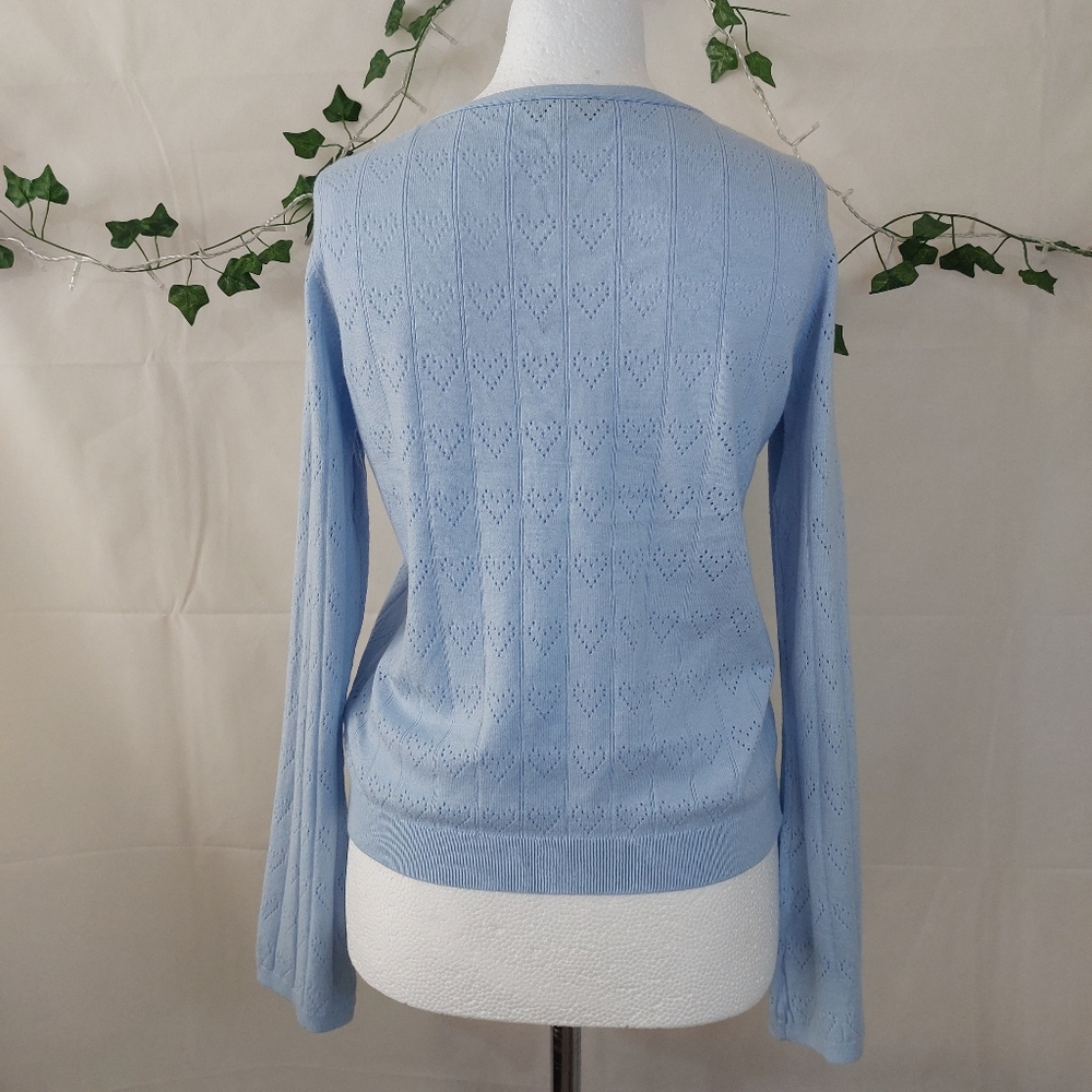 Nobody's Child Cardigan Light Blue Tie Front Hearts Pattern Bell Sleeve Size 14 - Picture 5 of 8
